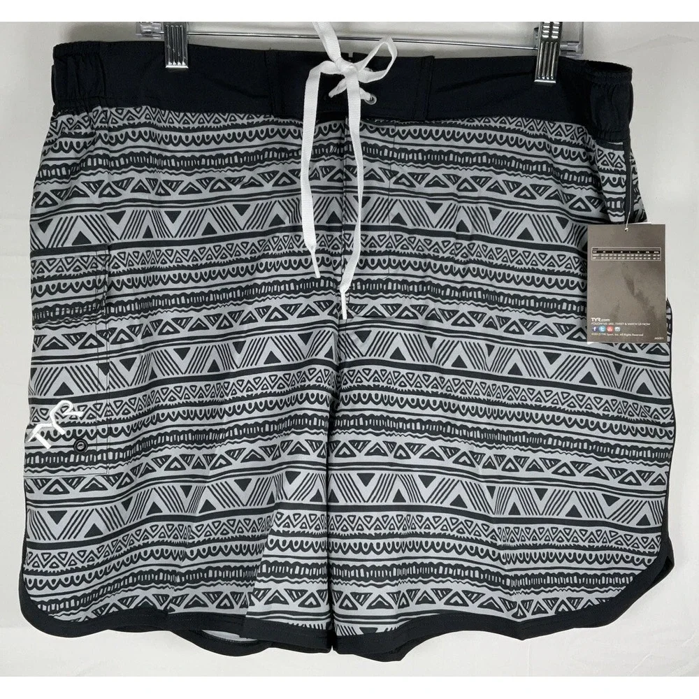 NWT Men's TYR Lined Native Stripe Black & Gray Board‎ Shorts Swimming Trunks XL